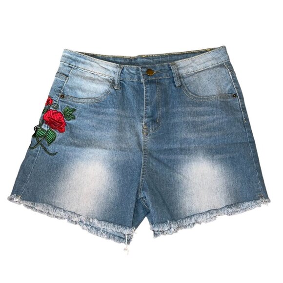 Zaful Womens Denim Shorts W/ Rose Embroidery Frayed Hem Size 4 Light Wash Cotton - Picture 1 of 11